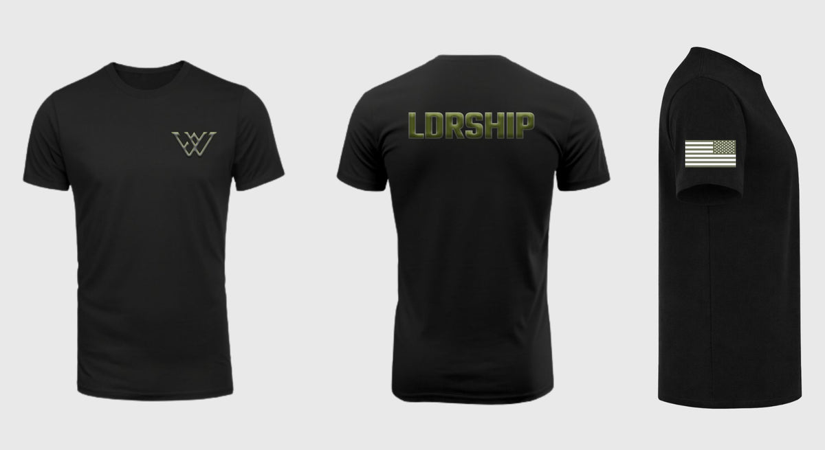 Black LDRSHIP t-shirt with military-inspired Wear Ur Why design